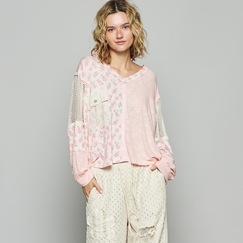 *POL Floral Patchwork Pink V-Neck Long Sleeve Top